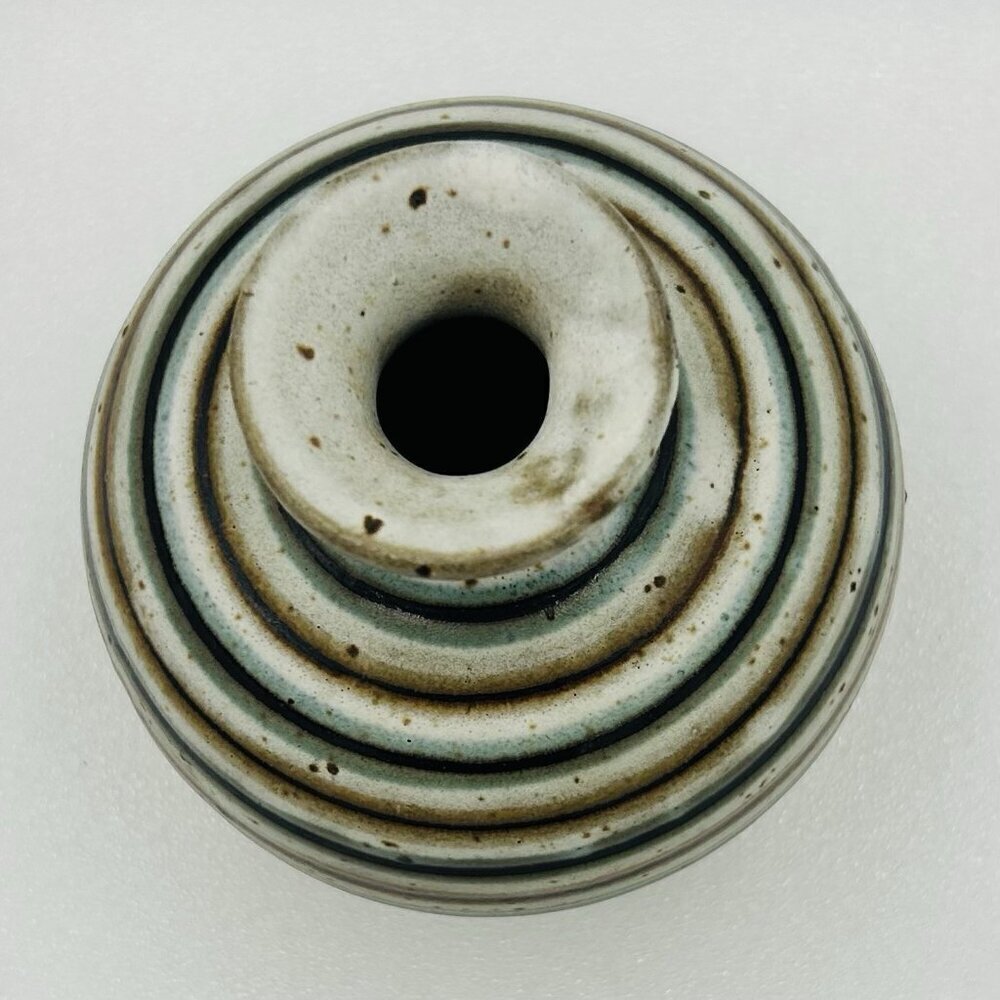 Otagiri OMC Japan Miniature 4" Bud Vase Blue Brown Striped Gold Sticker Vintage - Picture 3 of 6